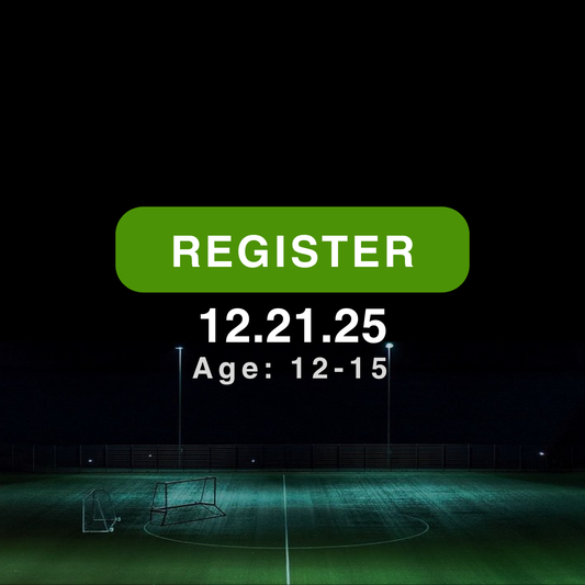 Promotional graphic for a sports event registration with a green 'REGISTER' button and 12.21.25 date on a soccer field background.