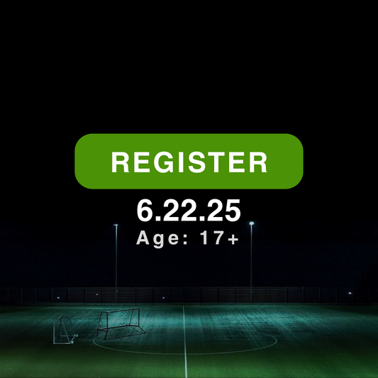 Promotional graphic for a sports event registration with a green 'REGISTER' button and date on a dark background.