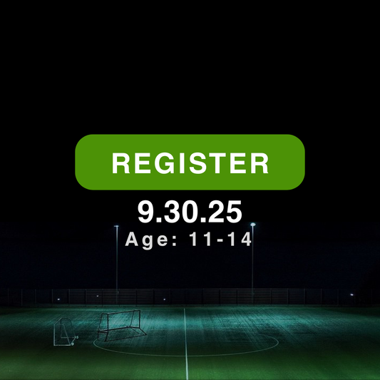 Promotional graphic for a soccer camp registration with a green 'REGISTER' button and date on a soccer field background.
