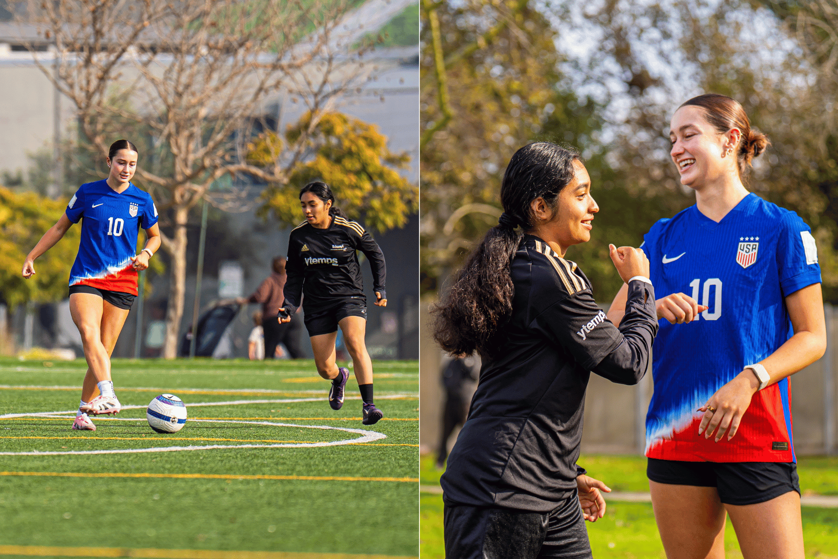 Two images: one of two people shaking hands on a sports field, the other of two soccer players in action