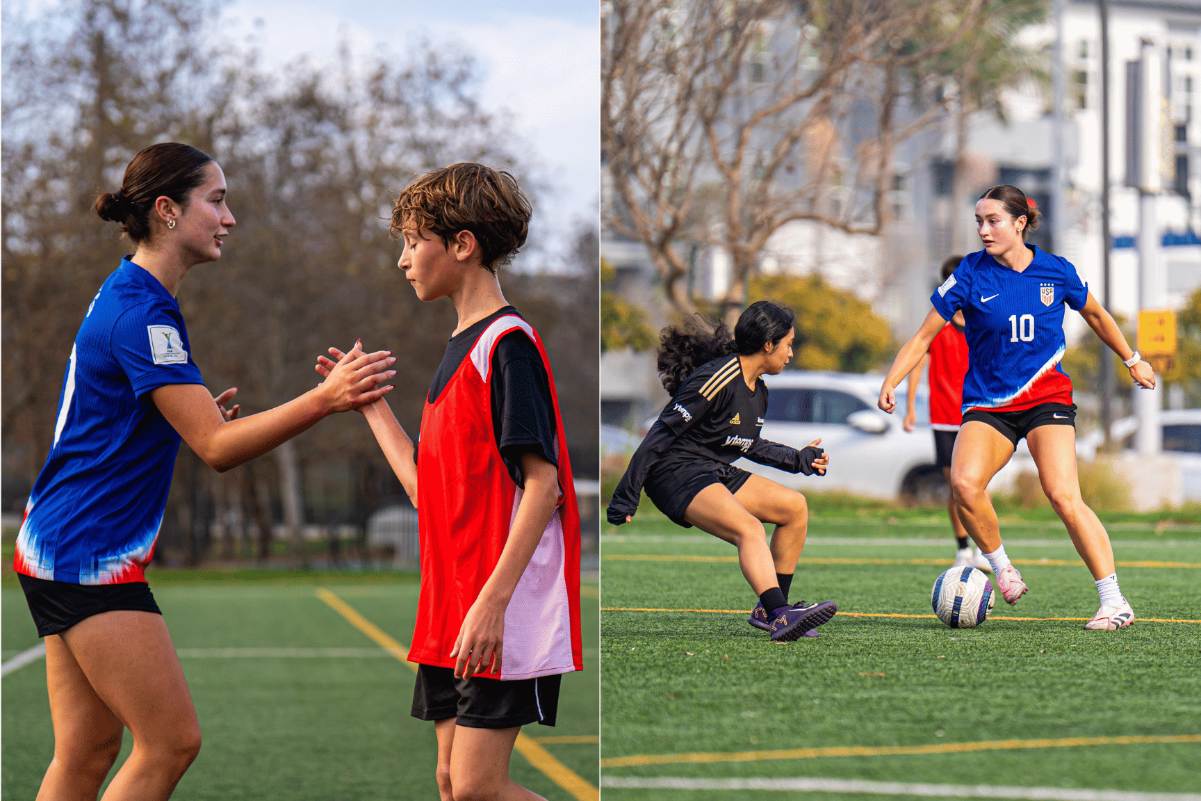 Two images: one of two people shaking hands on a sports field, the other of two soccer players in action