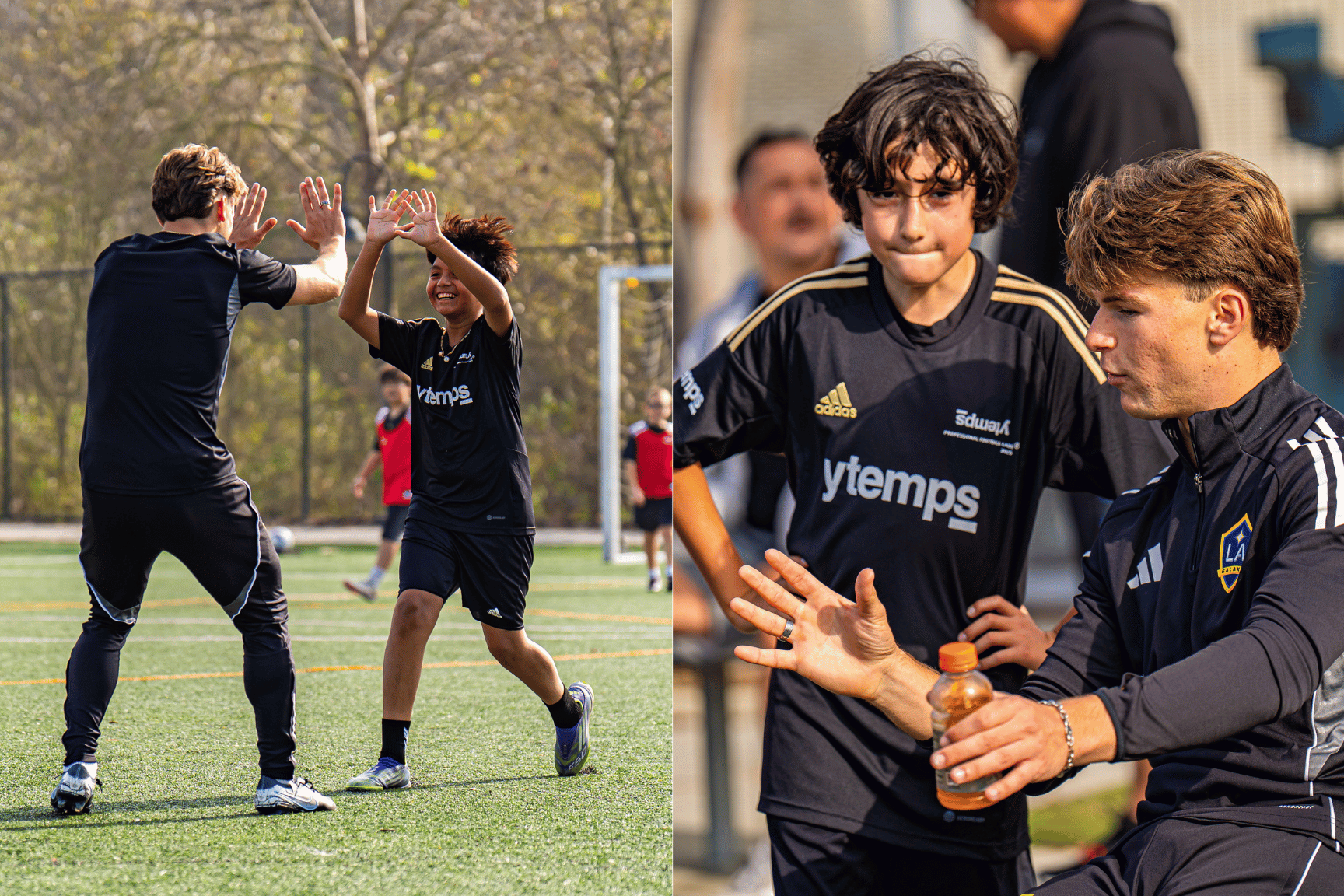 Two soccer scenes: one with two players high-fiving on a field, the other with a player receiving instructions from a pro player.