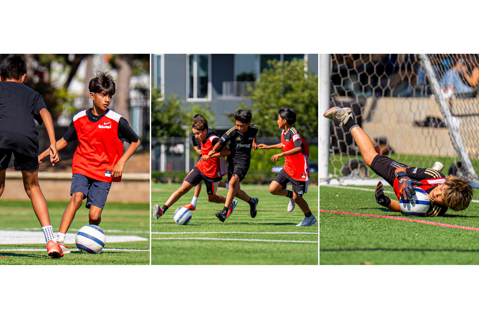 Collage of children playing soccer on a grass field with a goalpost in the background.