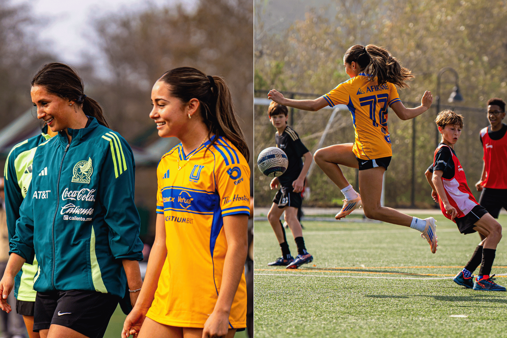 Mexico National Teammates Valerie Vargas and Mia Villalpando playing soccer with kids at YTEMPS Pro Soccer Experience