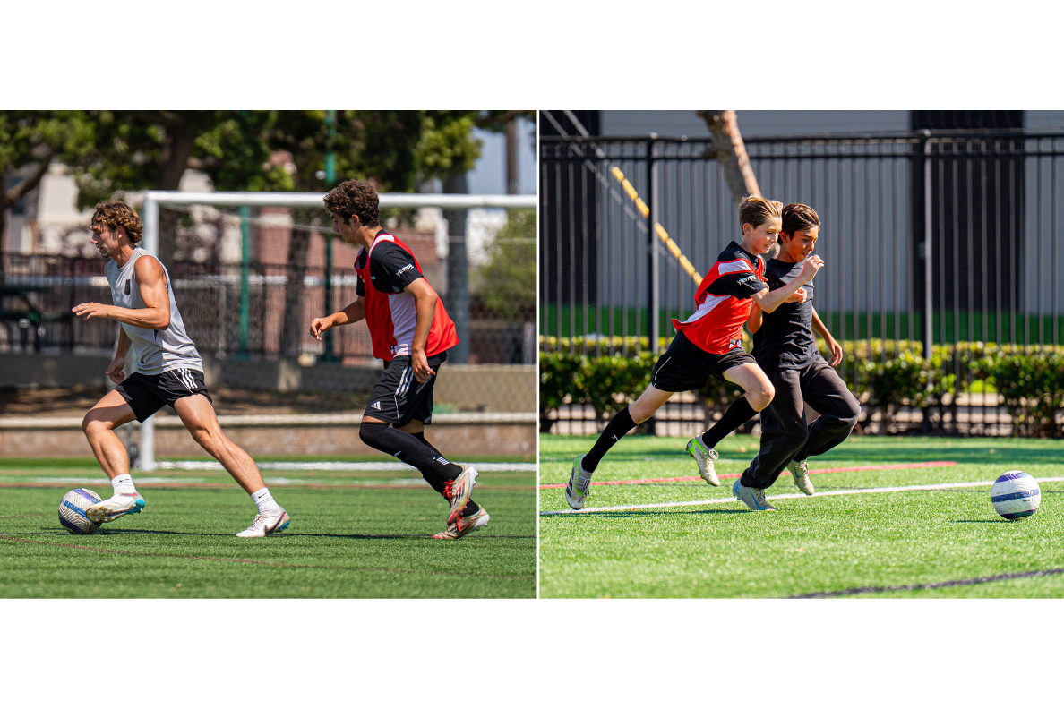 Pro soccer player Kenny Nielsen playing soccer with kids at a YTEMPS pro soccer camp. 3 kids shown in action on a field