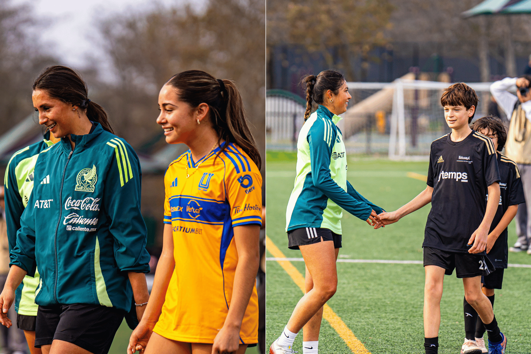 pro female football players playing soccer with kids at YTEMPS Pro Soccer Experience