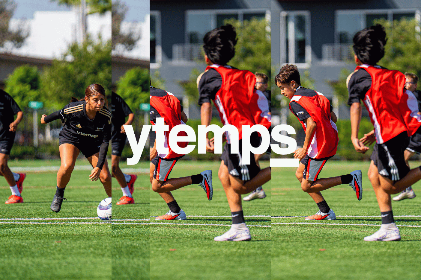 Soccer players practicing on a field with 'ytemps' branding. Artistic collage with lots of rich saturated color. 